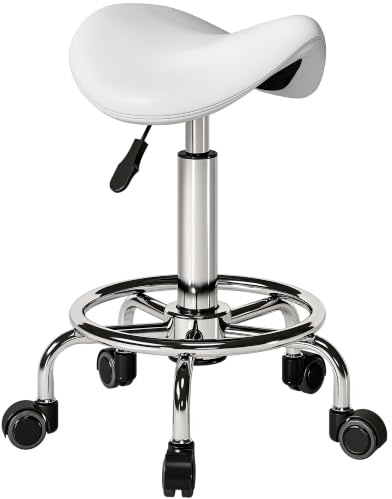 HOMCOM Saddle Stool PU Leather Adjustable Rolling Salon Chair for Spa White | Massage, Clinic, Beauty, Hairdressing, Tattoo