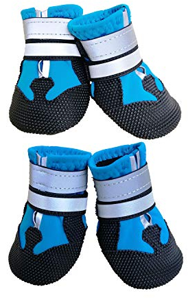 Lurowo Schutzstiefel für Hunde, 4er-Set wasserdichte Hundeschuhe mit sicheren reflektierenden Riemen, Pfotenschutz für kleine, mittlere und große Hunde, blau+schwarz (Blau, XXL)