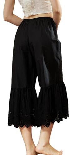 EAUTELICATE Capri Pantalon De Pyjama Femme Été Jupon sous-Jupe en 100% Coton Pantacourt Longue Ample Évasé à La Maison avec Dentelle Broderie Ivoire Crème Noir