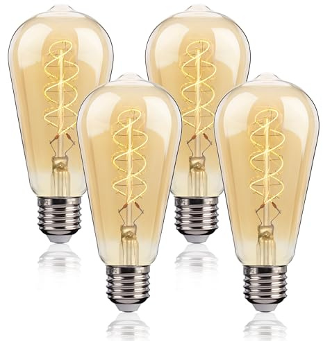 FLSNT Dimmable Edison Bulb E27 Vintage, ST58 Retro Super Thin LED Spiral Filament Decorative Lamp, 4W (40W Equivalent), Warm White 2200K, Amber Glass, Pack of 4