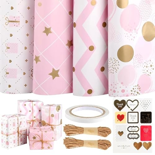Lot de 4 rouleaux de papier cadeau - 4 feuilles de 50 x 70 cm - Rose - Avec 2 rouleaux de ficelle - 1 autocollant - 1 ruban adhésif - Papier cadeau pour enfants pour Noël, Saint-Valentin