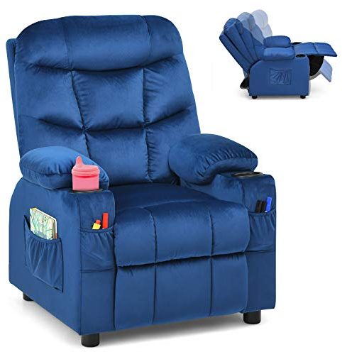 GYMAX Kids Sofa Chair, Velvet Children Recliner Armchair with Adjustable Backrest & Footrest, Padded Headrest & Armrest and Cup Holders, Upholstered Toddler Lounge Chair for Boys Girls (Blue)