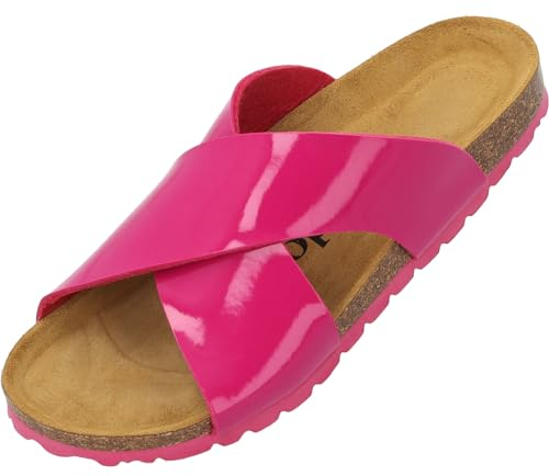 Palado Pantoletten Damen Rianel - bequeme Sandalen mit gekreuzten Riemen - Hausschuhe - modische Sommerschuhe Pink Lack UK7 - EU40
