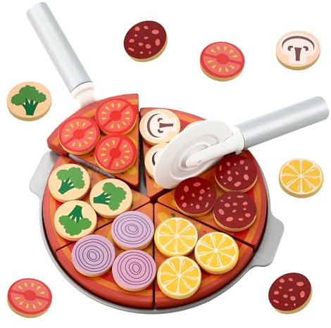 Pizza Set Holz,27-Pizza Kinderküche Zubehör,Spielzeug Lebensmittel für Kaufladen zubehör Holz,DIY-spielküche zubehör für alle Arten von Kinder kinderküche zubehör