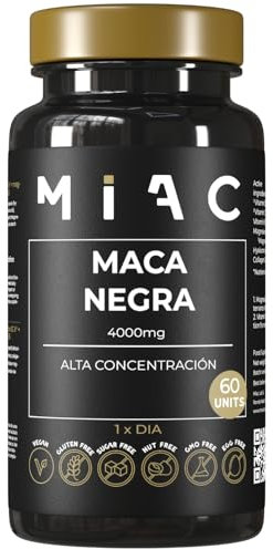 MIAC Maca Negra Pura. 60 Cápsulas 4000mg. Maca Andina. Aumento Energía, Fuerza, Rendimiento y Concentración. Sin Gluten y Vegano