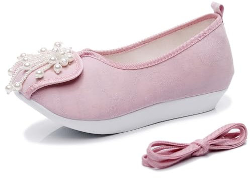 GZKDKZB Chaussures Hanfu à Pompons en Perles pour Femmes, Chaussures Plates brodées de Style Traditionnel Chinois, Chaussures décontractées et Confortables à Enfiler, Chaussures orientales