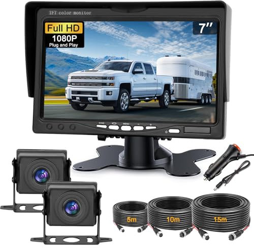 Dual Rückfahrkamera Set mit 7 HD Rear View Monitor, IP69 wasserdichte Nachtsicht Auto Backup-Kamera, Kabel Stabilem Signal Rückfahrkamera mit 5m/10m/15m Kabel für Wohnmobil/Trucks/Bus/Van/Trailer