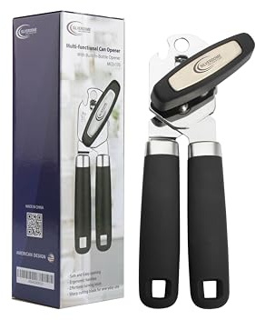 Heavy Duty Stainless Steel Manual Can Opener with Bottle Opener Function- Rust Proof and with Soft Grip Handle, razor sharp, smooth and easy cutting,