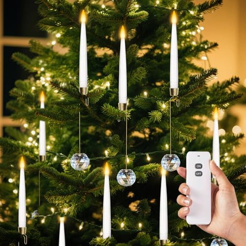FlyQintess 0.4 x6 LED Short Taper Candles with 12 Crystal Ball Hooks, 12 Pcs Flameless Christmas Tree Hanging Candles with Remote, Battery Operated Taper Candle for Xmas, Home, Indoor and Party