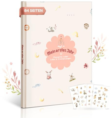 Mein Erstes Jahr Babyalbum – 84 Seiten Hardcover, Boho Design, pädagogisch gestaltet, Erinnerungsbuch für Fotos & Meilensteine – Geschenk zur Geburt & Taufe, Blumenmotiv für Mädchen