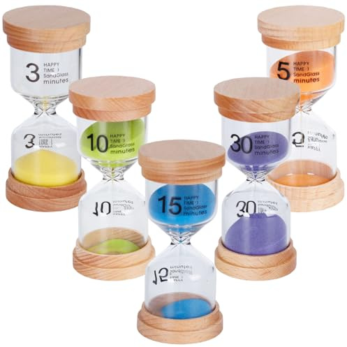 Juego de 5 relojes de arena para niños de madera de 3/5/10/15/30 minutos, temporizador de arena colorido, resistente a caídas, juego de reloj de arena para cepillarse los dientes, juegos, cocina