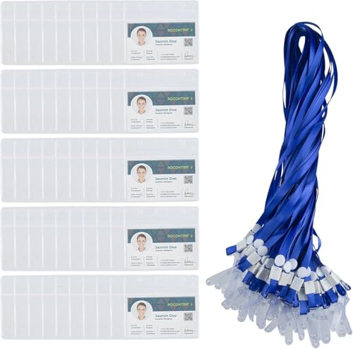 Comius Sharp 50-pack ID-korthållare med nyckelband, transparenta vattentåliga kortfodral för ID-kort, passerkort och besöksbricka | Horisontell, transparent och stänksäker, för ID-kort, namnskylt, åtkomstkort, kontor, skola och evenemang