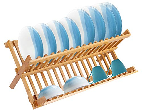 Ejoyous Scolapiatti Pieghevole in bambù 2 Livelli con Portaposate Organizzatore per Piatti e Utensili da