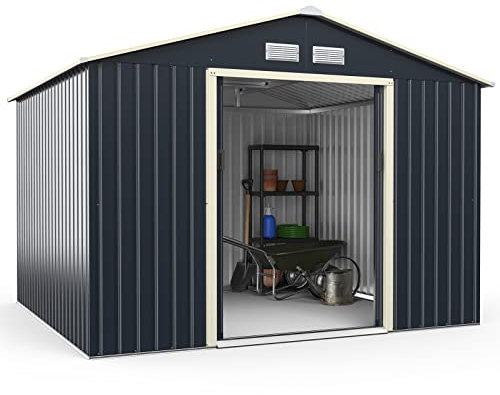 GOPLUS 9.76 m³ Cobertizo de Jardín Estanco con Puerta corredera, 277,5 x 255 x 202,5 cm，Metal Galvanizado, Almacenamiento para Dispositivos, Herramientas de Jardinería