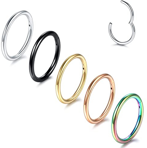 Aumeo 14G 16G 18G 20G Nose Ring Hoop Stainless Steel Hinged Segment Rings Hoops Nose Clicker Ring Tragus Helix Cartilage Daith Rook Earring Piercing Jewelry for Women Men(5pcs 18g 8mm mixed colors)