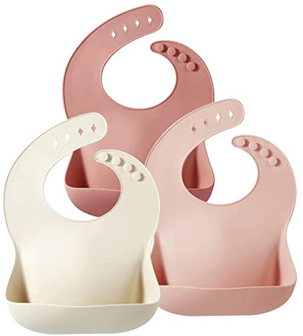 PandaEar Baberos de silicona para bebés para niñas, paquete de 3 baberos de alimentación para bebés, ajustables, impermeables, sin BPA, suaves, duraderos, para comer, con bolsillo grande para recoger