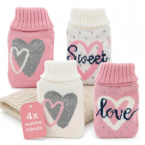 Set handvärmare, fickvärmare med stickat fodral eller fleecefilt, fingervärmare för kalla händer på vintern (Sweet Love, set om 4 stycken)