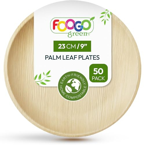 FOOGO Green 50pcs Assiettes Jetables Feuille de Palmier, 23cm Grandes Rondes, Écologique Biodégradable Compostable Comme Assiettes Bois, Bambou, Papier, Plats Chauds, Mariage, Pique-Nique, Fête