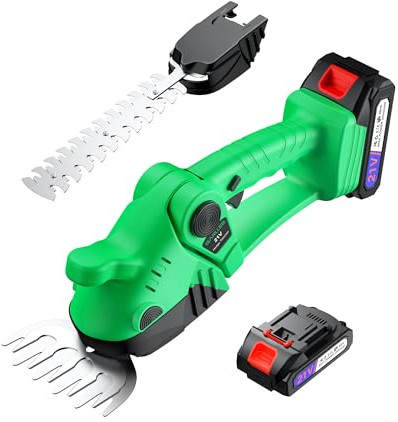 GARLLEN Cortasetos 21V, Cortacésped y Cortasetos Inalámbrico 2 en 1 con Batería de 2.0Ah y Cargador, Cortacésped Eléctrico de Mano con 2 Cuchillas Reemplazables para el Cuidado del Césped