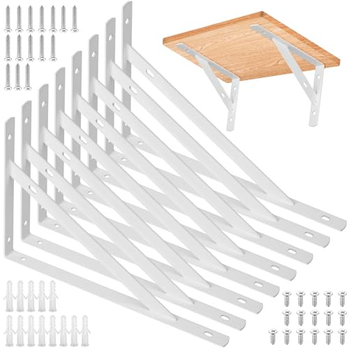 8 Pcs White Heavy‑Duty Wall‑Mounted Triangle Shelf Brackets,11.81x7.48 Inch | 90‑Degree Right‑Angle Support Brace Brackets, Hardware Accessories for Living Room, Bedroom Wall Shelf Installation