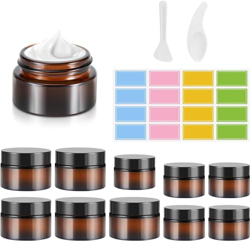Kasanni 10 Stück Amber Glas Leerdose, Tiegel Cremedose 20ml/30ml Braunen Glasbehälter, Mit Aufkleber, Tragbarer Nachfüllbar Behälter Braunen Nachfüllbar Reisetöpfe Spender für Lotion, Creme, Kosmetik