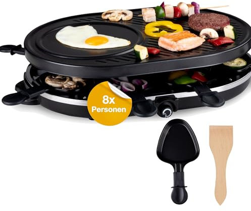 Appareil à raclette ovale pour 8 personnes - Avec plaque de cuisson et fonction crêpes - Barbecue de table avec poêlons et grattoir