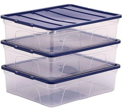 BANKERS BOX 12L Kunststoff-Aufbewahrungsbox 3er-Pack, BPA-frei & 100% recycelte Deckel, verschachtelbar & stapelbar, Staubschutzdeckel, 11x32x40cm, ideal für Haus & Büro Organisation