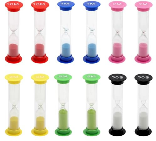 Lot de 12 sabliers colorés pour enfants - 30 secondes, 1 min, 2 min, 3 min, 5 min, 10 min, petit minuteur, sablier pour enfants, pour l'école, la décoration de la maison, accessoires de jeu