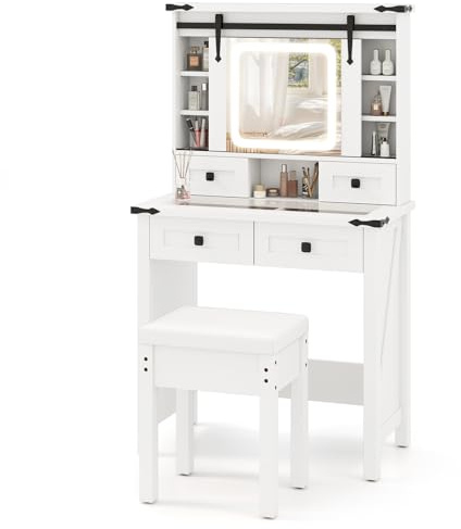 GIANTEX Sminkbord med avtagbar pall, sminkbord med trefärgade LED-lampor, sminkbord med spegel, justerbar ljusstyrka, 6 justerbara hyllor, transparent glasskiva