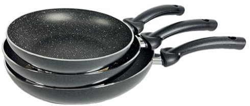 Relax World Juego de 3 sartenes antiadherentes fabricadas en Italia de aluminio con revestimiento efecto piedra, asas ergonómicas, color negro, diámetro 22-26-30 cm