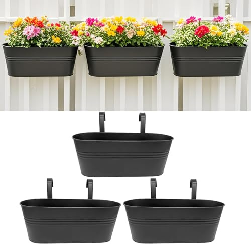 Hniuyun Metal Hanging Planters, 3 Pcs Outdoor Flower Pots for Railings, Fences - 16 Inch Bucket Plant Holders with Detachable Hooks, Garden & Home Decor, Black
