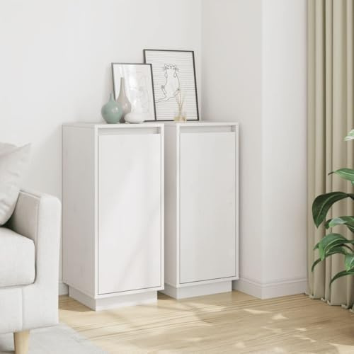 HaoChrymec Credenze 2 Pezzi, Credenza Bassa in Legno Massello di Pino con Ante, Design Classico, Mobiletto Bianco, Armadio Dispensa per Cucina e Soggiorno, 31.5x34x75 cm