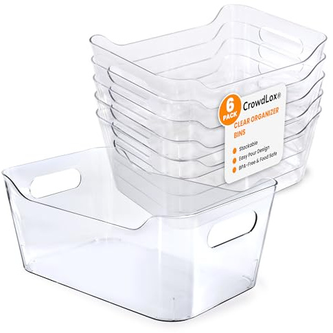 CrowdLox 6 Pack Multi-Use Clear Plastic Storage Bins for Organizing w/Labels - Home, Kitchen, Bathroom, Office, Pantry Cabinet Shelf Organizer Bins