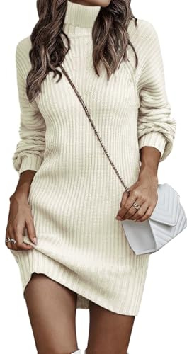 JFAN Vestito Donna Invernale Elegante Casual in Maglione Collo Alto Lungo Abito Caldo Lavorato a Maglia Pullover Vestiti,Beige,XL