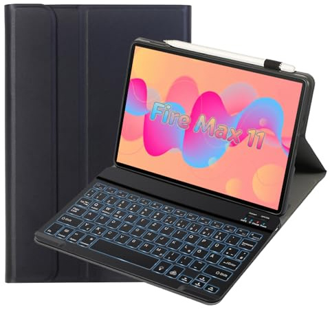 leleyo Tastatur Hülle für Amazon Fire Max 11 11 Hülle mit Tastatur Wireless (Deutsches QWERTZ) 7 Farben Beleuchtung Magnetische Abnehmbare für Fire Max 11 Tablet, Schwarz