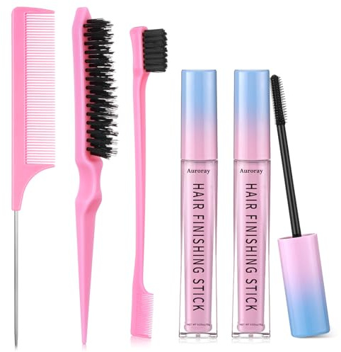 5Pcs Hair Finishing Stick Gel with 3pcs Slick Back Brush,Flyaway Hair Tamer Stick Styling Wand Gel for Smooth Frizz, Style Edges (0.53 oz/one)