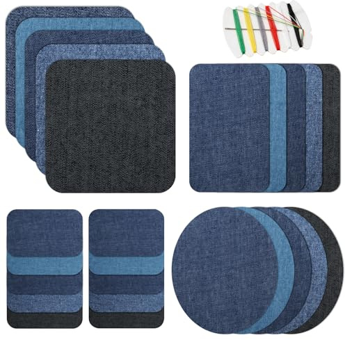 25 Pezzi Toppe Termoadesivi per Tessuti, Toppe Termoadesive per Jeans in Denim, Patch da Cucire, Patch Termoadesivi per Tessuti Abbigliamento, con kit da cucito