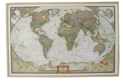 National Geographic Weltkarte auf Kork-Pinnwand in Englisch, 90x60cm: Mit Holzberahmung und 12 farbige Pinn Fahnen. 2 Ösen zur Befestigung