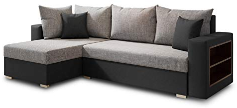 Ecksofa Lord mit Regal und Schlaffunktion - Sofa mit Bettkasten, Schlafsofa, Polsterecke, Couch L-Form, Couchgarnitur, Sofagarnitur (Schwarz + Grau (Dolaro 08 + Berlin 01), Ecksofa Links)