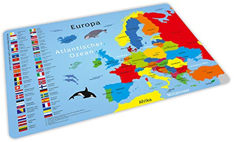stabiles Vinyl Tischset mit Lerneffekt für Kinder - Europa mit Flaggen und Hauptstädten - Platzdeckchen Platzset - BPA frei - abwaschbar reißfest farbecht