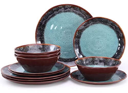 Gufaith Service de table en mélamine 12 pièces pour 4 personnes, assiettes et bols de camping, incassable, léger, sans BPA, passe au lave-vaisselle, bleu et marron