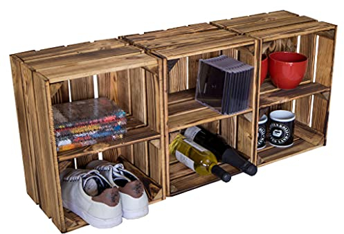 Vintage Kisten geflammt 50x40x29cm / 40x30x25cm Deko & Möbelkisten Wohnwand Obstkisten Weinkisten Optik DIY Upcycling (3er Set 40 x 30 x 25 mit Querbrett)