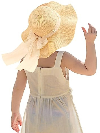 Kunyeah Enfants Fille été Chapeau de Paille Pliable Large Bord Casquette Pare-Soleil Chapeaux Protection Solaire Plage Chapeaux de Paille Bowknot Disquette Casquette pour Voyage Vacances