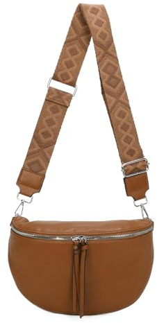 ITALYSHOP24 OBC Damen Tasche Gürteltasche Crossbody Hüfttasche Bauchtasche Umhängetasche Cross-Over Bodybag Schultertasche Handytasche Kosmetiktasche Kunst-Leder L155 Cognac