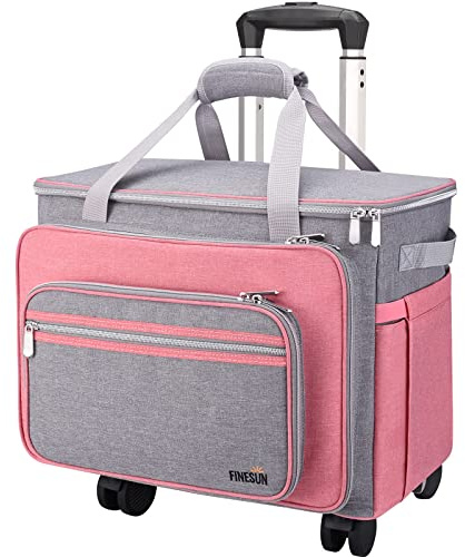 FINESUN Bolso para máquina de coser con ruedas, bolsa de transporte deluxe plegable para Brother, Singer, Bernina y la mayoría de las máquinas (Rosa, con ruedas)