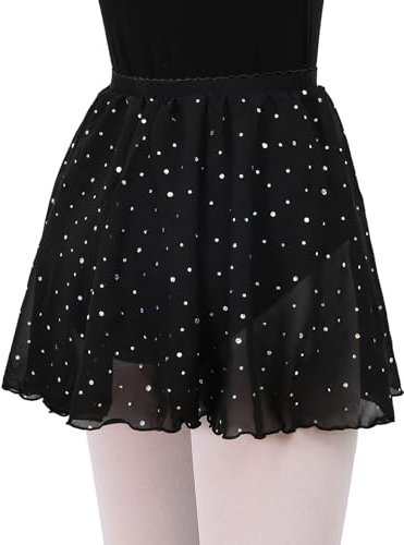 MYSSUCI Ballettrock Mädchen Kinder Wickelrock Tanzrock aus Chiffon mit elastischem Bund und Pailletten 3-9 Jahre (Schwarz, L)