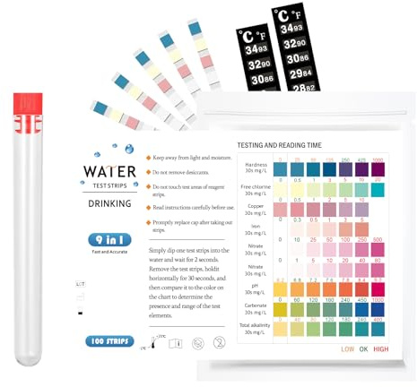 9 in 1 Drinking Water Test Kit, 100 Test Strips for Iron, Copper, Nitrite, Nitrate, pH, Carbonate, and More for Tap Water, Well Water, Swimming Pool, Hot Tub, Aquarium (9 in 1 100 Test Strips)