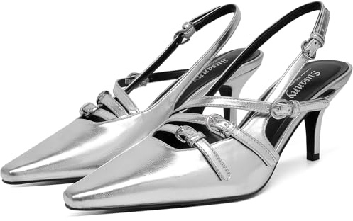 Susanny Slingback Kitten Heels for Women Closed Pointed Toe Strappy Dress Pumps Comfortable Stiletto Low Heels Sexy Buckle Strap Dressy Slip On Shoes for Wedding Bridal Party Work, Silver, 5 UK