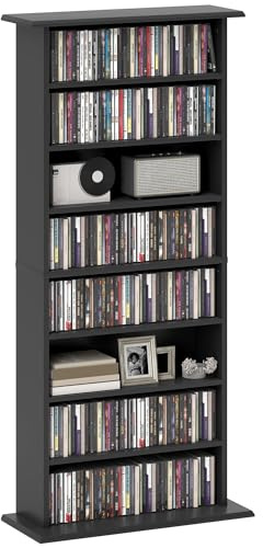 HOMCOM Mobile Porta CD con 6 Ripiani Regolabili, Scaffale Porta 360 CD/185 DVD Salvaspazio in Legno, Mobile Portacd con 8 Scomparti, per Soggiorno Camera da Letto Ufficio, 58x24x126.3 cm, Nero