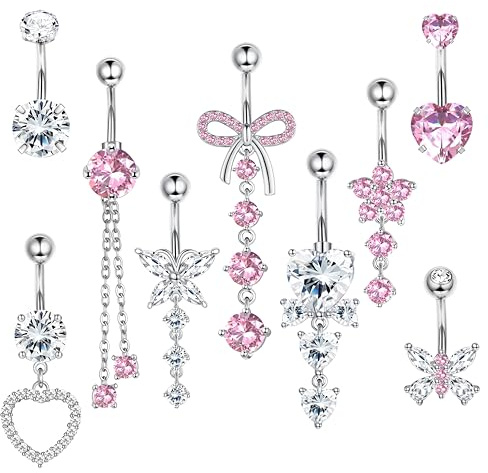 LOLIAS 9 Pezzi 14G Piercing Ombelico Argento Acciaio Chirurgico Piercing Ombelico Anallergico CZ Carino Arco Farfalla Cuore Fiore Perla Barbell Piercing Ombelico Pendente 10mm